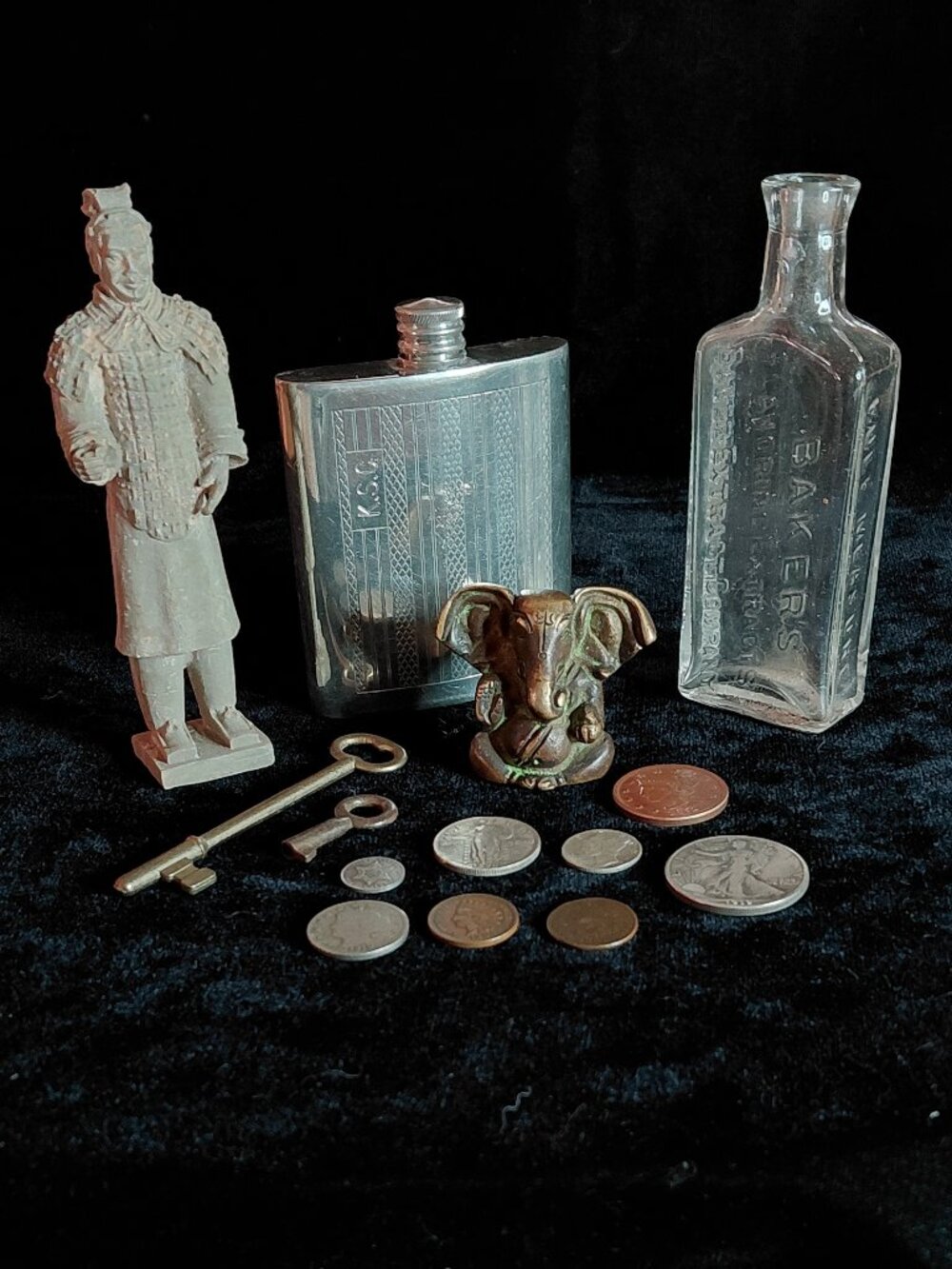 Grandpa's vintage antique mixed lot statues bottle coins keys flask